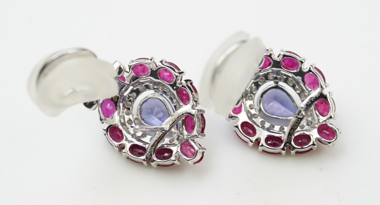 A pair of tanzanite, ruby and diamond earrings